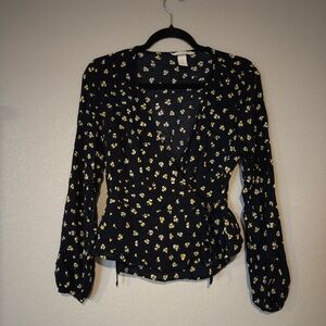 H&M Navy Blue Blouse with Yellow Floral Pattern
